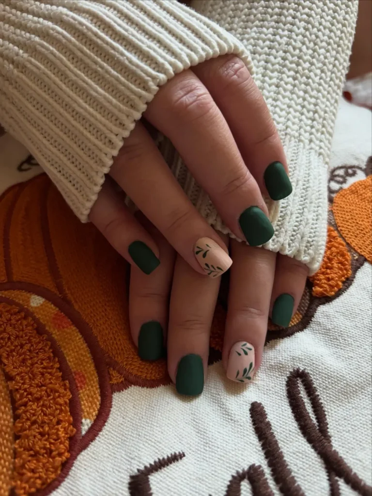 Matowy zielony manicure z roślinnym zdobieniem, Glow Mood Łapanów
